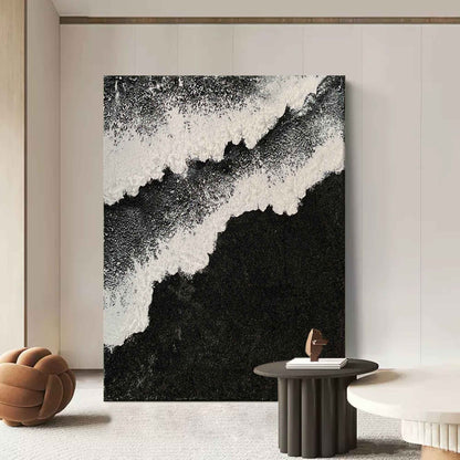 Black and White Sea Waves Beach Canvas Painting Black Beach Canvas Art Black Beach Wall Art
