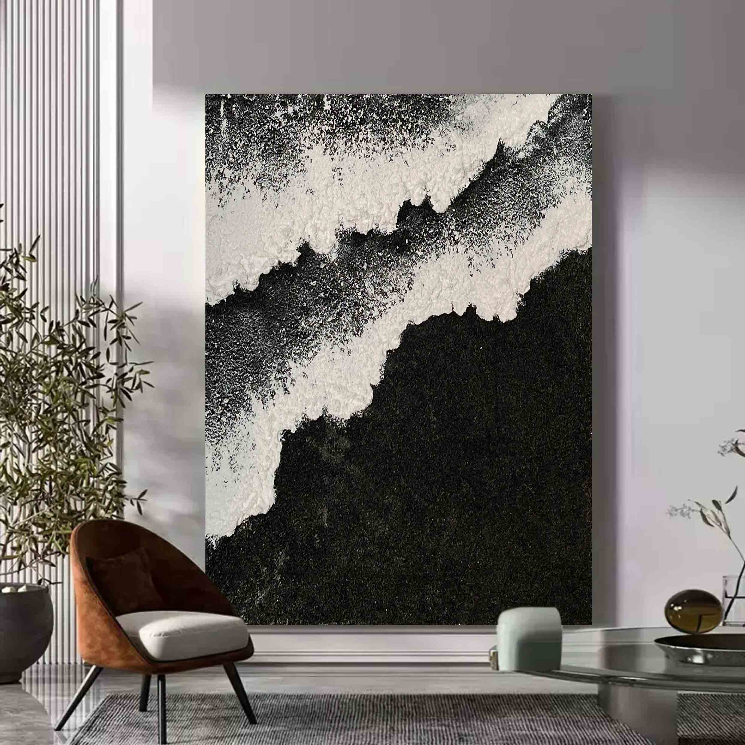 Black and White Sea Waves Beach Canvas Painting Black Beach Canvas Art Black Beach Wall Art