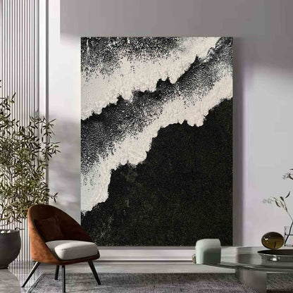 Black and White Sea Waves Beach Canvas Painting Black Beach Canvas Art Black Beach Wall Art