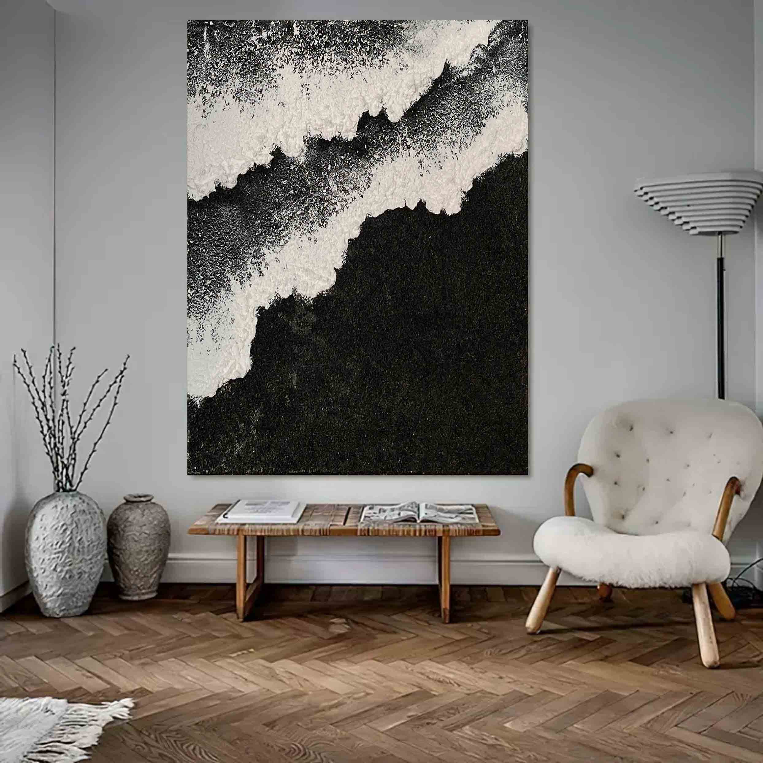Black and White Sea Waves Beach Canvas Painting Black Beach Canvas Art Black Beach Wall Art