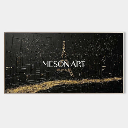 Textured Black & Gold Paris Eiffel Tower 3D Gesso Canvas Art Modern Wall Decor