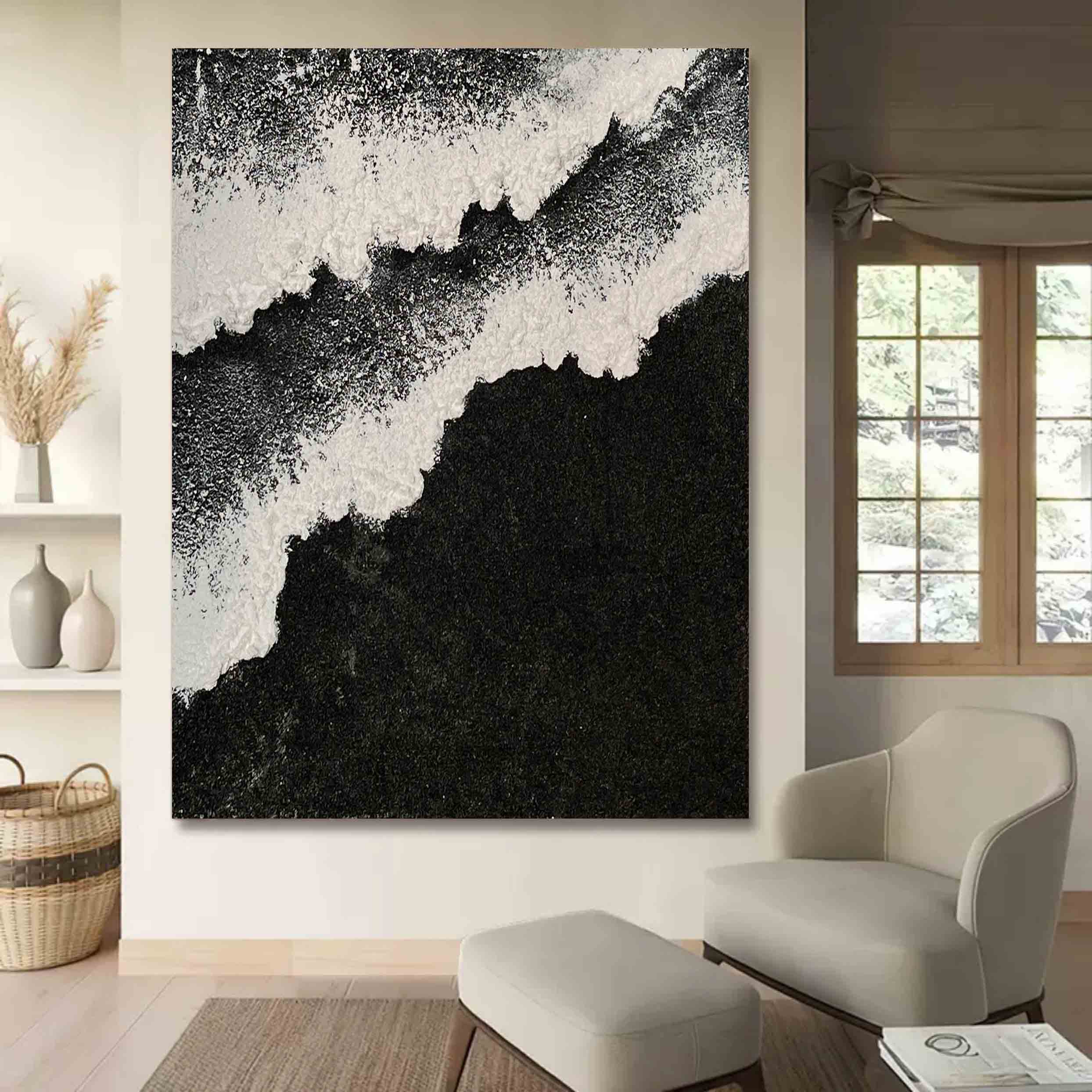 Black and White Sea Waves Beach Canvas Painting Black Beach Canvas Art Black Beach Wall Art