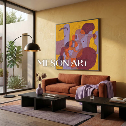 Contemporary Abstract Oil Painting With Orange And Blue Tones For Modern Living Room Decor