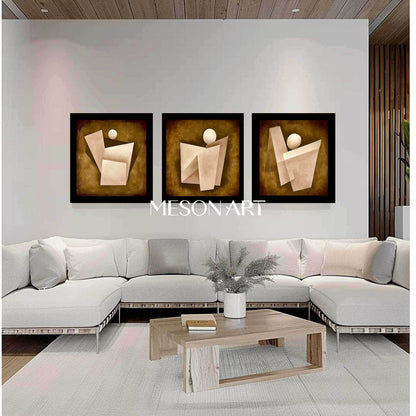Brown Abstract Geometric Triptych Oil Painting Canvas Living Room Buy