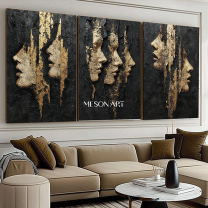 3-piece set Lady portrait wall decor ideas Black and gold abstract art Portrait texture painting