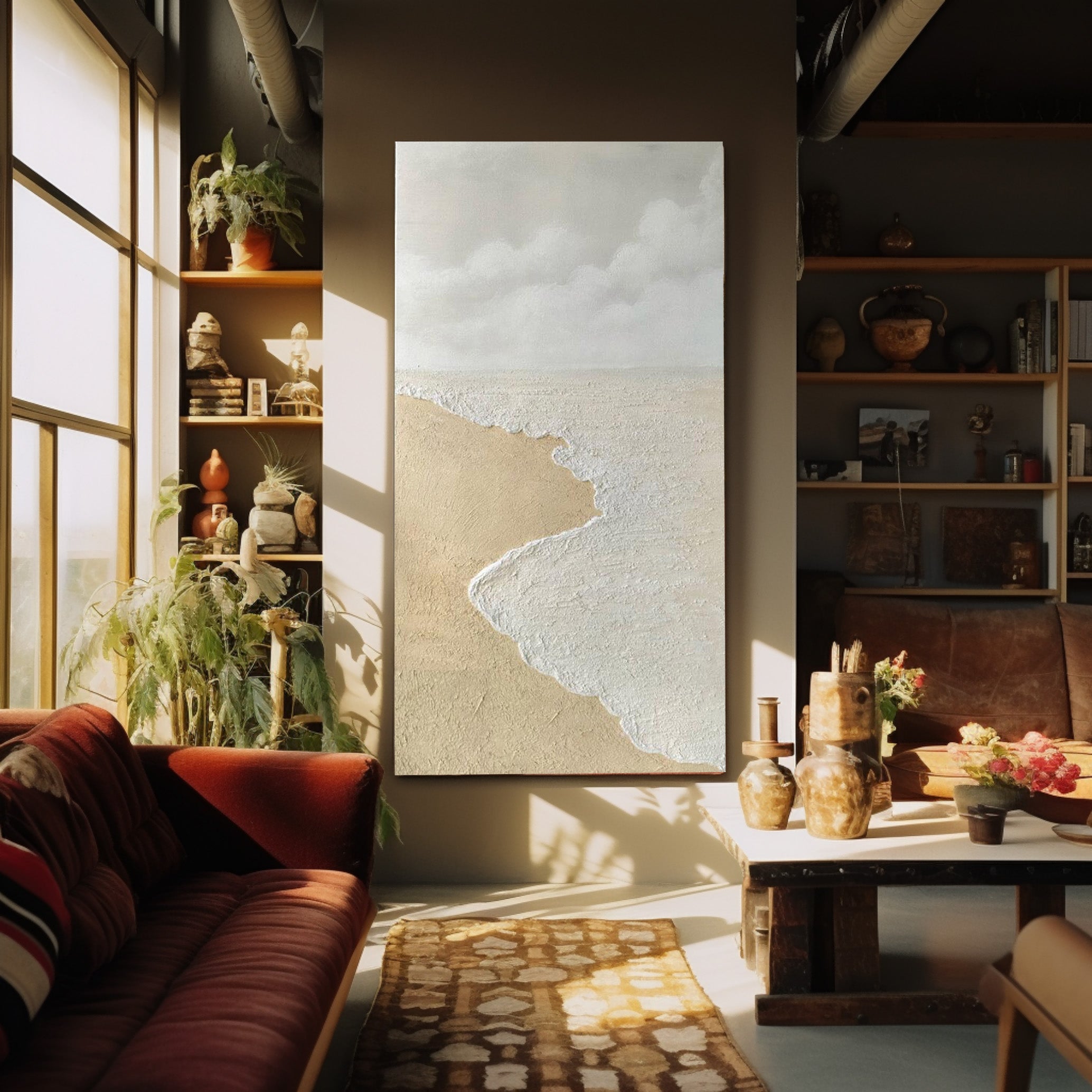 Large Wave Beach Texture Painting Beige and White Textured Canvas Art Wave Beach Wall Art