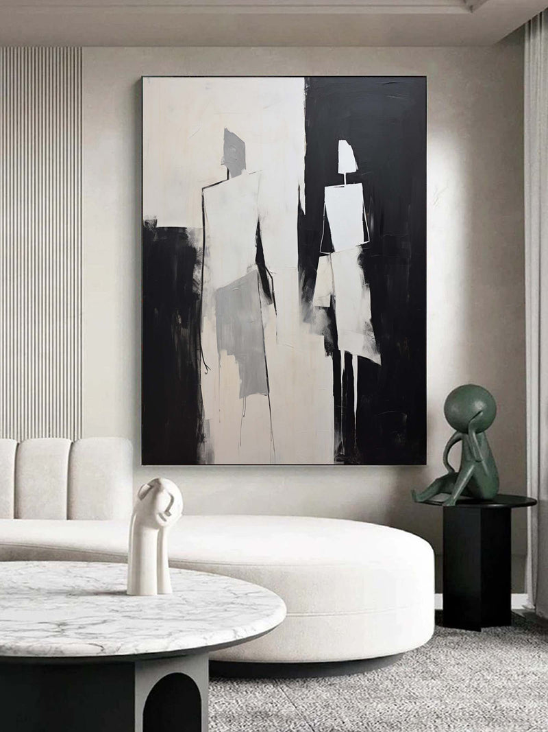 Black and Beige Minimalist Wall Art Black and Beige Abstract Painting Contemporary Minimalist Art Abstract Peopel Abstract Canvas Painting