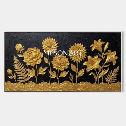 Black And Gold Panoramic 3D Peony Art | Sunflower & Lily Decor