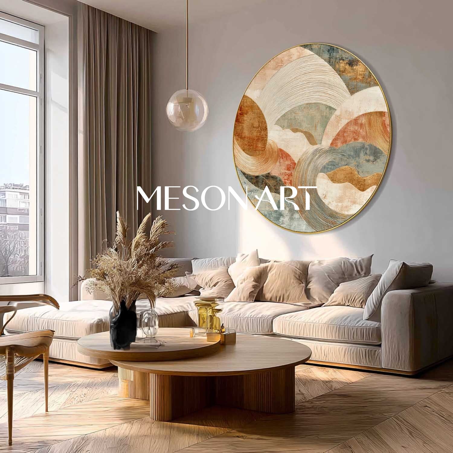Earthy Tone Wave Abstract Round Canvas – Beige & Green Textured Canvas