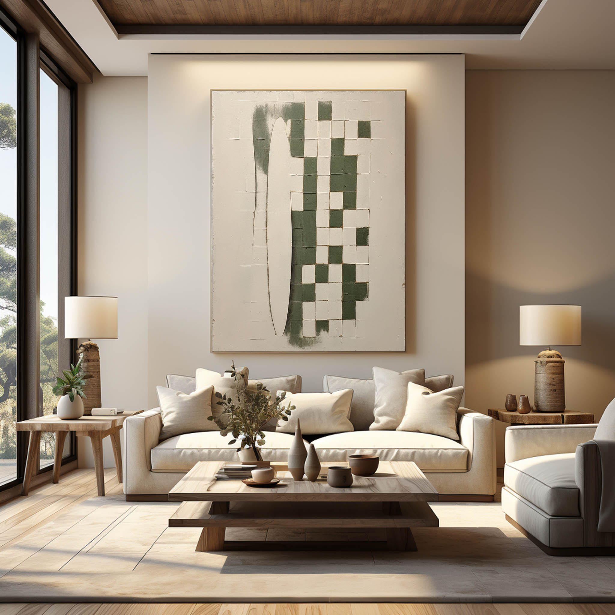 Large Beige And Green Minimalist Canvas Wall Art Wabi-Sabi Art Beige And Green Textured Painting