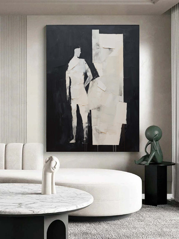 Black and Beige Minimal Abstract Art Abstract Man Oil Painting Black and Beige Minimalist Wall Decor Textured Wall Art Abstract Men Wall Art