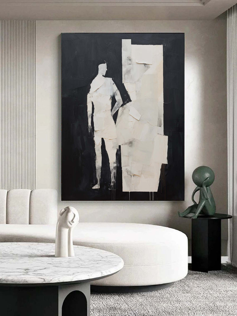 Black and Beige Minimal Abstract Art Abstract Man Oil Painting Black and Beige Minimalist Wall Decor Textured Wall Art Abstract Men Wall Art