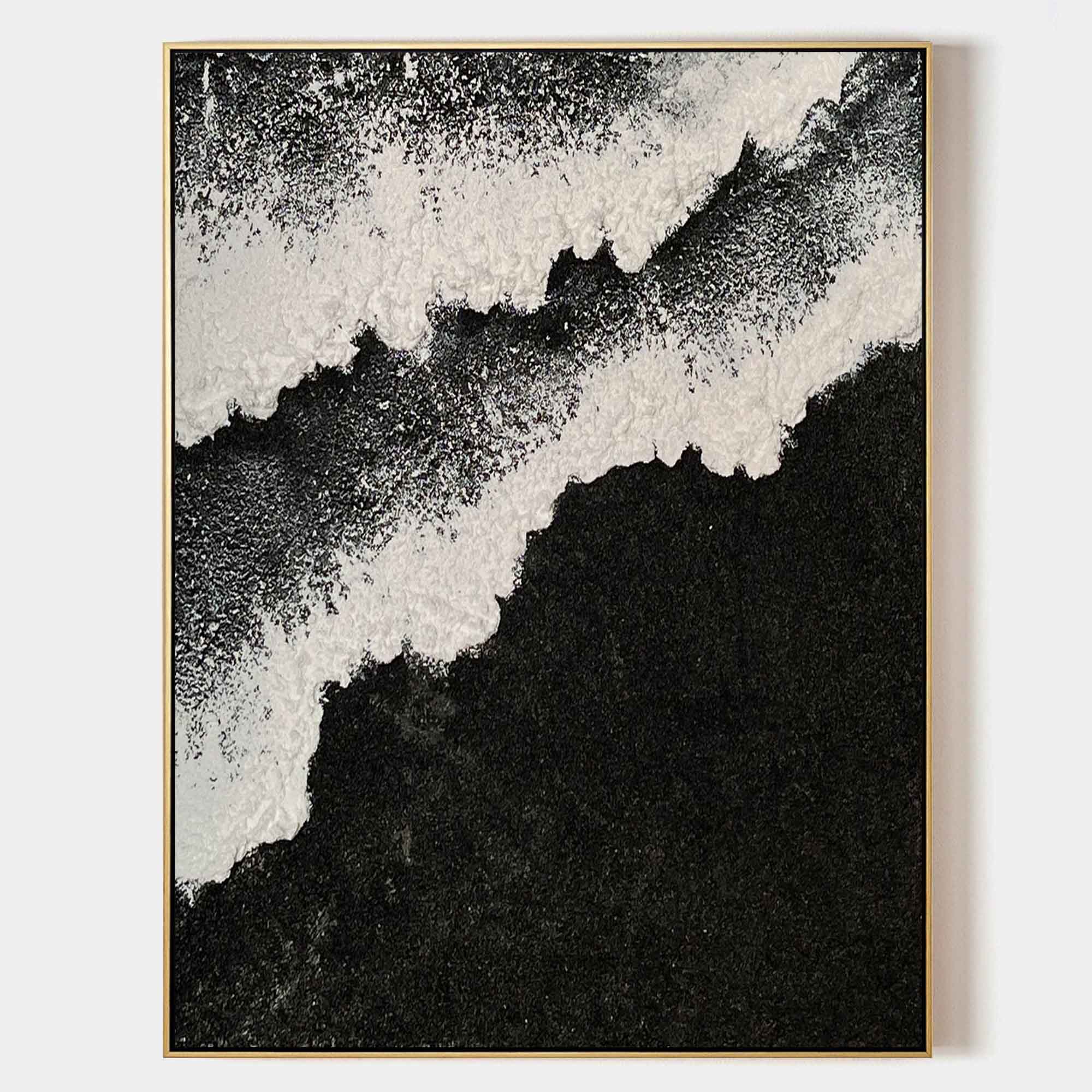 Black and White Sea Waves Beach Canvas Painting Black Beach Canvas Art Black Beach Wall Art