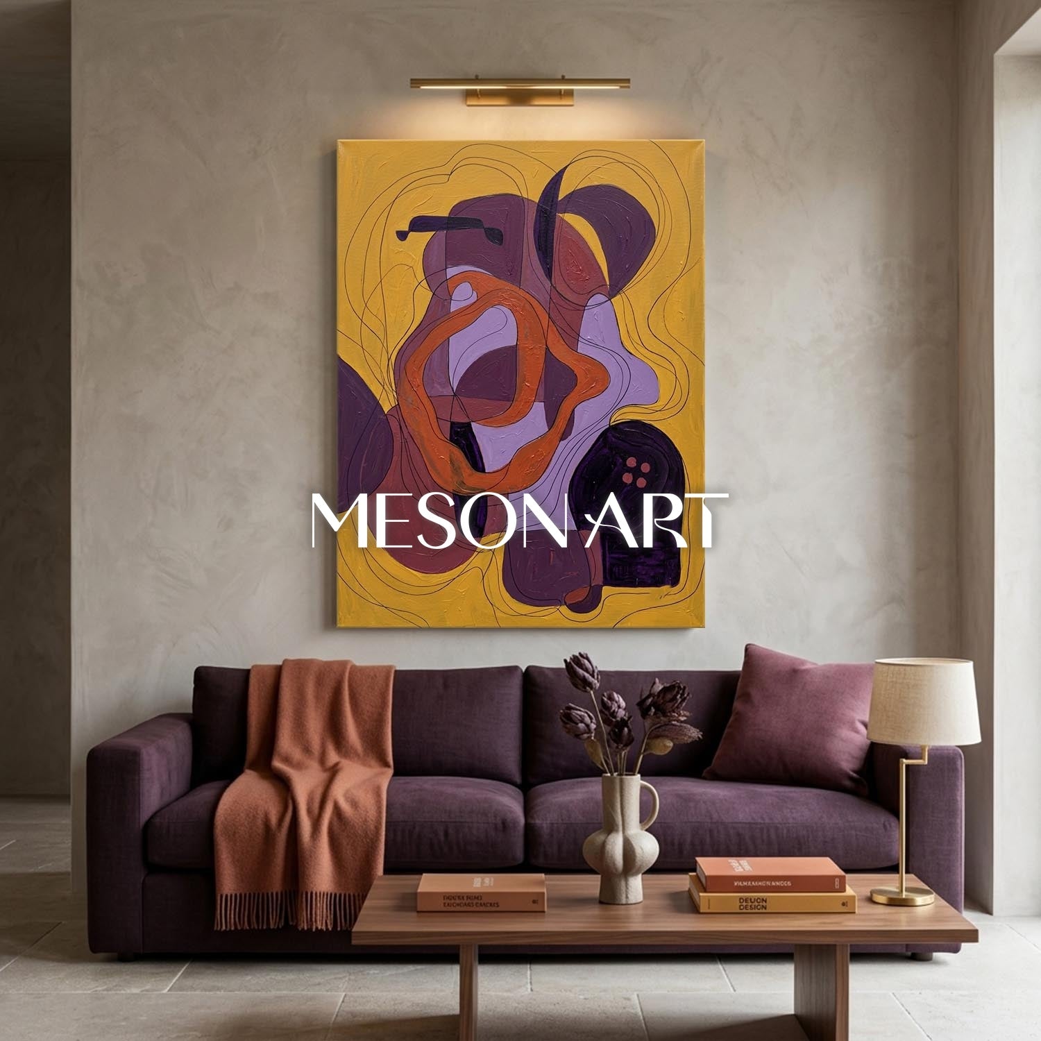 Contemporary Abstract Oil Painting With Gold And Purple Hues For Modern Living Room Decor