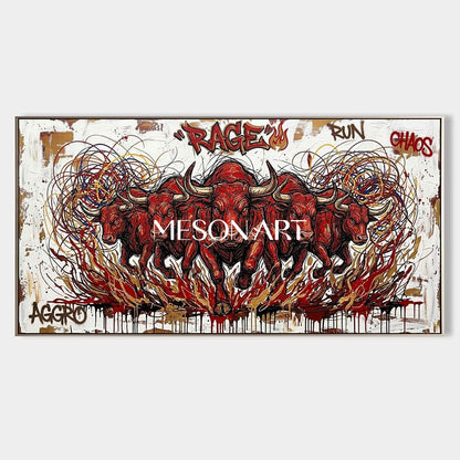 Textured Modern Red Bull Graffiti Painting on Canvas Large Panorama Framed Wall Art for Living Room