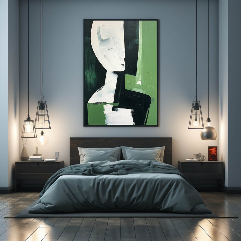 Green And White And Black Abstract Canvas Oil Painting For Sale Contemporary Minimalist Wall Art