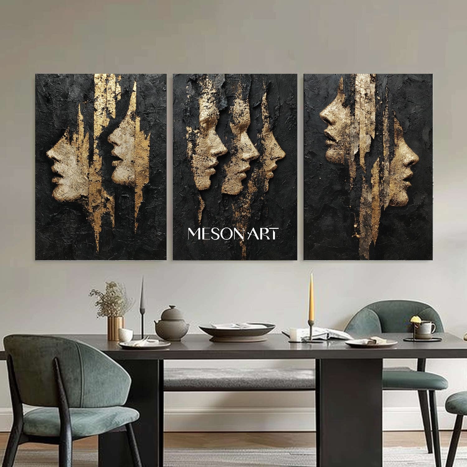 3-piece set Lady portrait wall decor ideas Black and gold abstract art Portrait texture painting