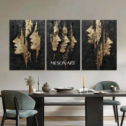 3-piece set Lady portrait wall decor ideas Black and gold abstract art Portrait texture painting