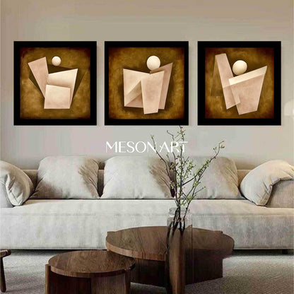 Brown Abstract Geometric Triptych Oil Painting Canvas Living Room Buy