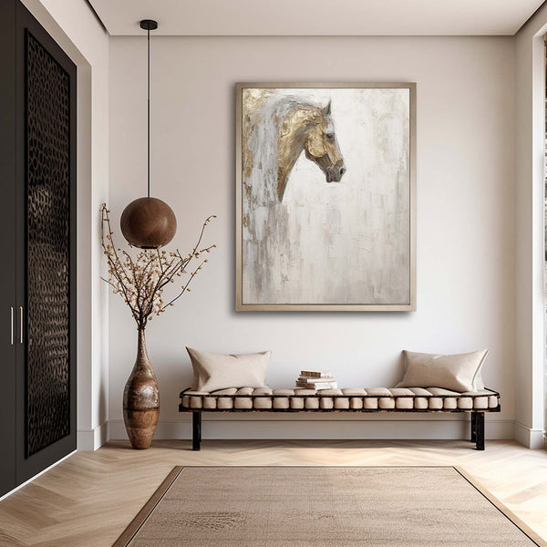 Large Horse Texture Painting Gold and Gray Horse Canvas Art Wabi-Sabi Wall Art Horse Oil Painting
