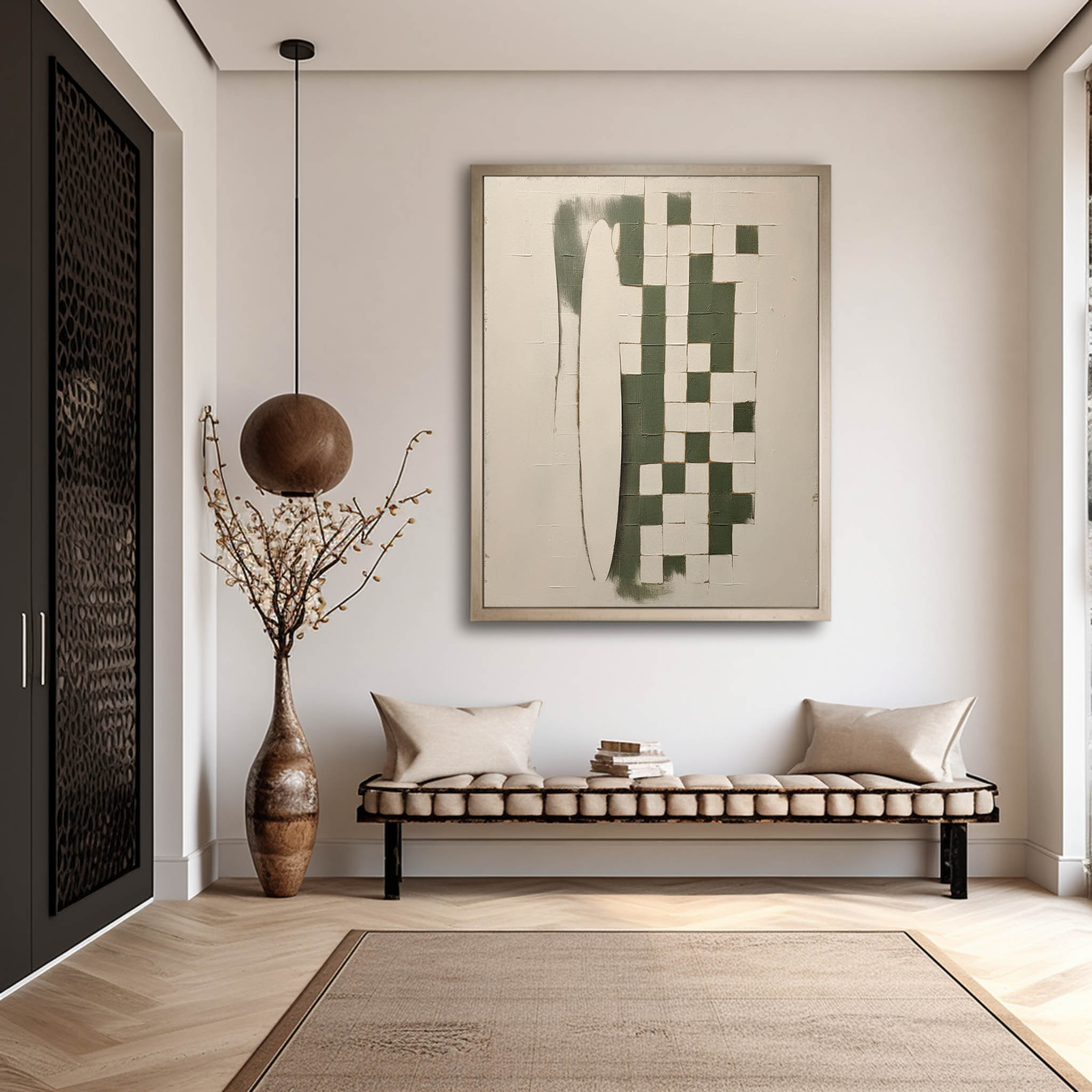 Large Beige And Green Minimalist Canvas Wall Art Wabi-Sabi Art Beige And Green Textured Painting