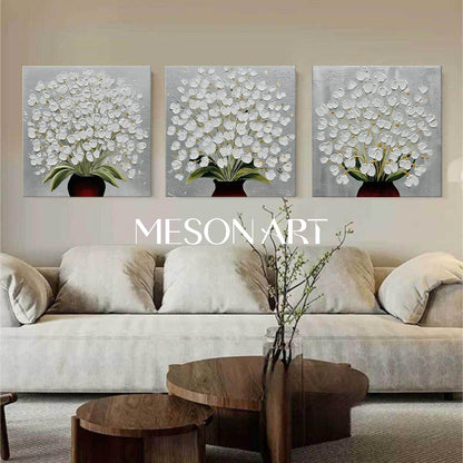 Set of 3 Modern Floral Art Printing with Silver Accents – Abstract Nature-Inspired Decor | Mesonart