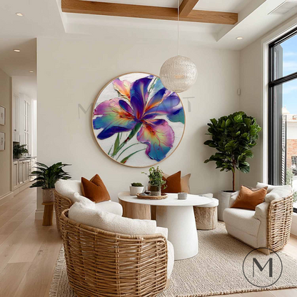 Hand-Painted Iris Flower Round Wall Art – Textured 3D Oil Painting for Modern Home Decor