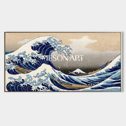 MesonArt 3D Textured Great Wave Oil Painting | Hokusai Reproduction Canvas Wall Art | Gold Framed Japandi Decor