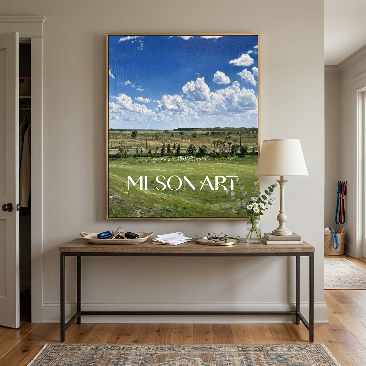 MesonArt 3D Textured Vertical Green Meadow and Blue Sky Oil Painting