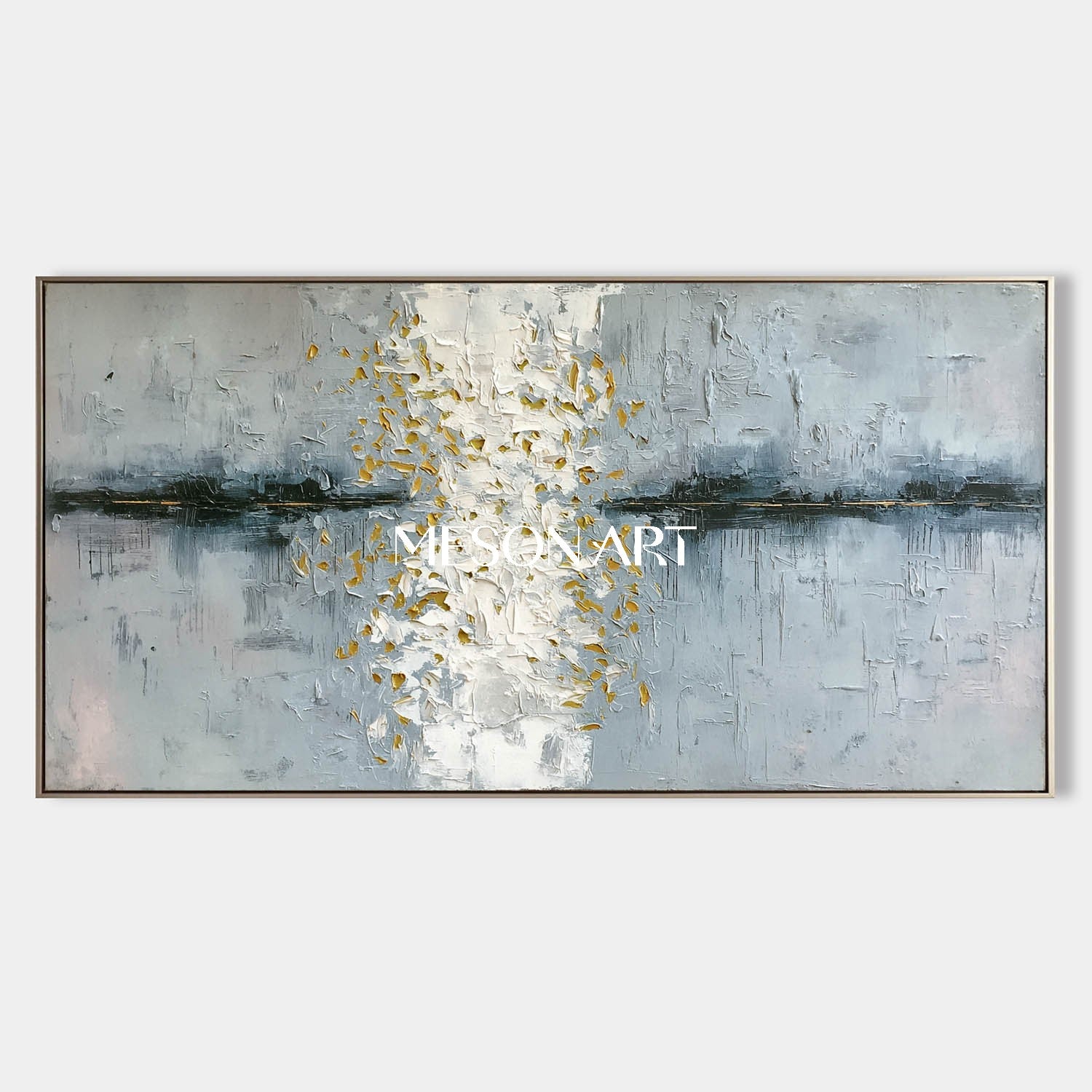 Panoramic Textured Abstract Art White Gold Texture on Grey Blue Canvas