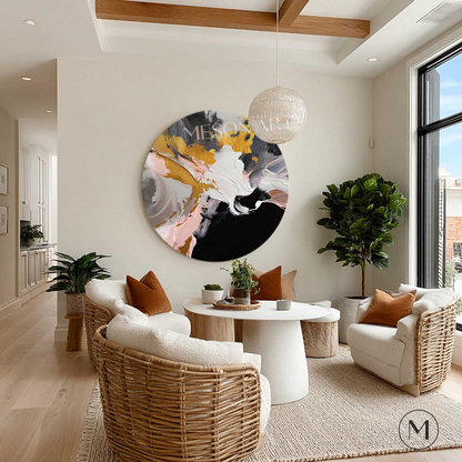 Modern Abstract Gold & Pink Round Wall Art Textured Modern Canvas Painting 