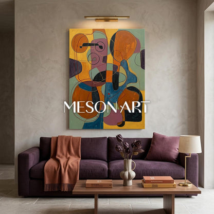 Contemporary Abstract Oil Painting With Orange And Blue Tones For Modern Living Room Decor