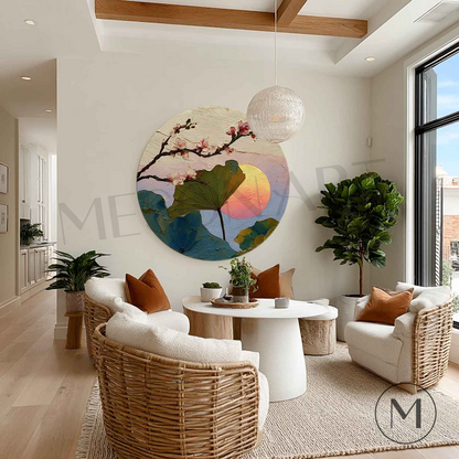 Sunset Bloom Round Wall Art – Handcrafted Landscape Floral Canvas in Asian-Inspired Design