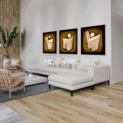 Brown Abstract Geometric Triptych Oil Painting Canvas Living Room Buy
