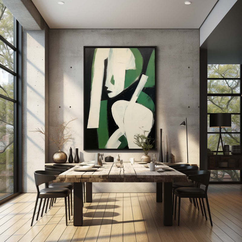 Green and White Abstract Canvas Art Green and White Minimalist Oil Painting Green Wall Art Decor