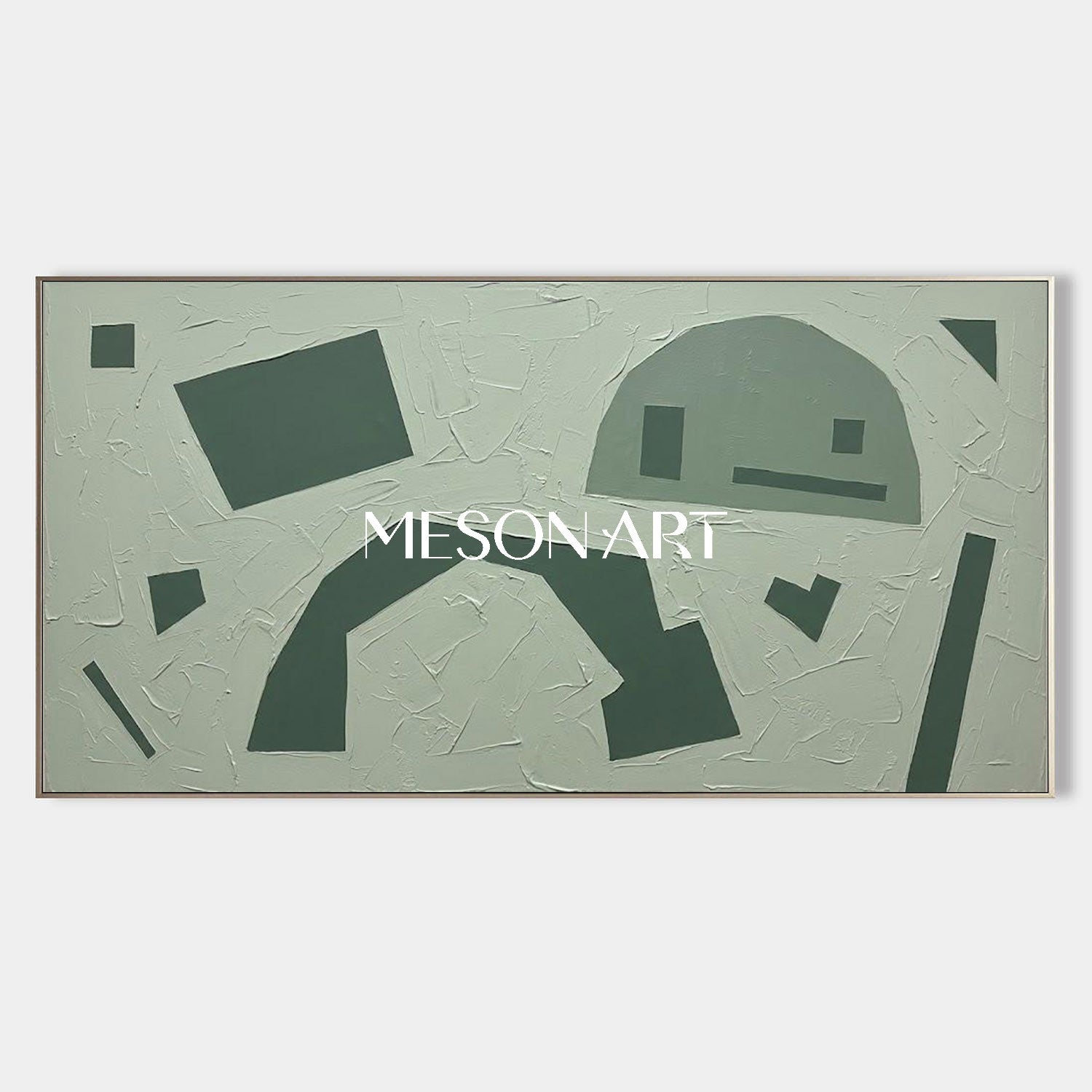 Tonal Sage Framed Painting Panoramic Green Geometric Canvas Above Sofa Abstract Wall Decor