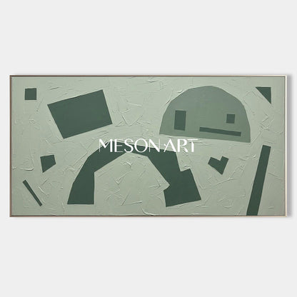 Tonal Sage Framed Painting Panoramic Green Geometric Canvas Above Sofa Abstract Wall Decor