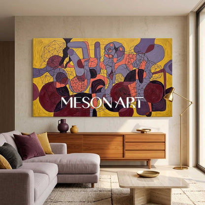 Contemporary Abstract Painting With Yellow And Purple Geometric Forms For Modern Living Room Decor