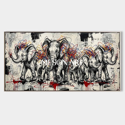Modern Abstract Elephant Family Canvas Painting Graffiti Animal Wall Decor