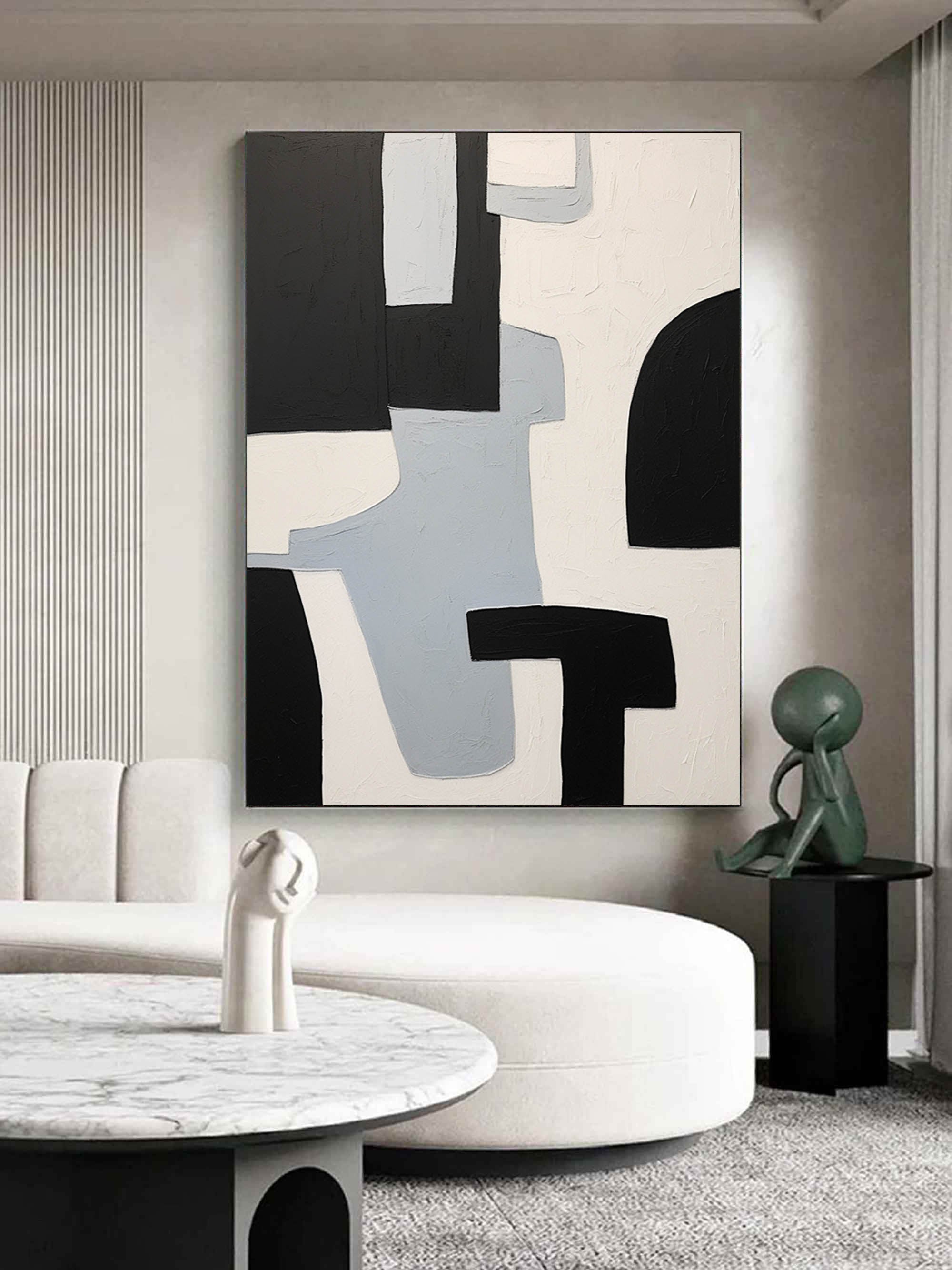 Large Black and White Minimalist Wall Art Black and White Texture Abstract Art Modern Oil Painting