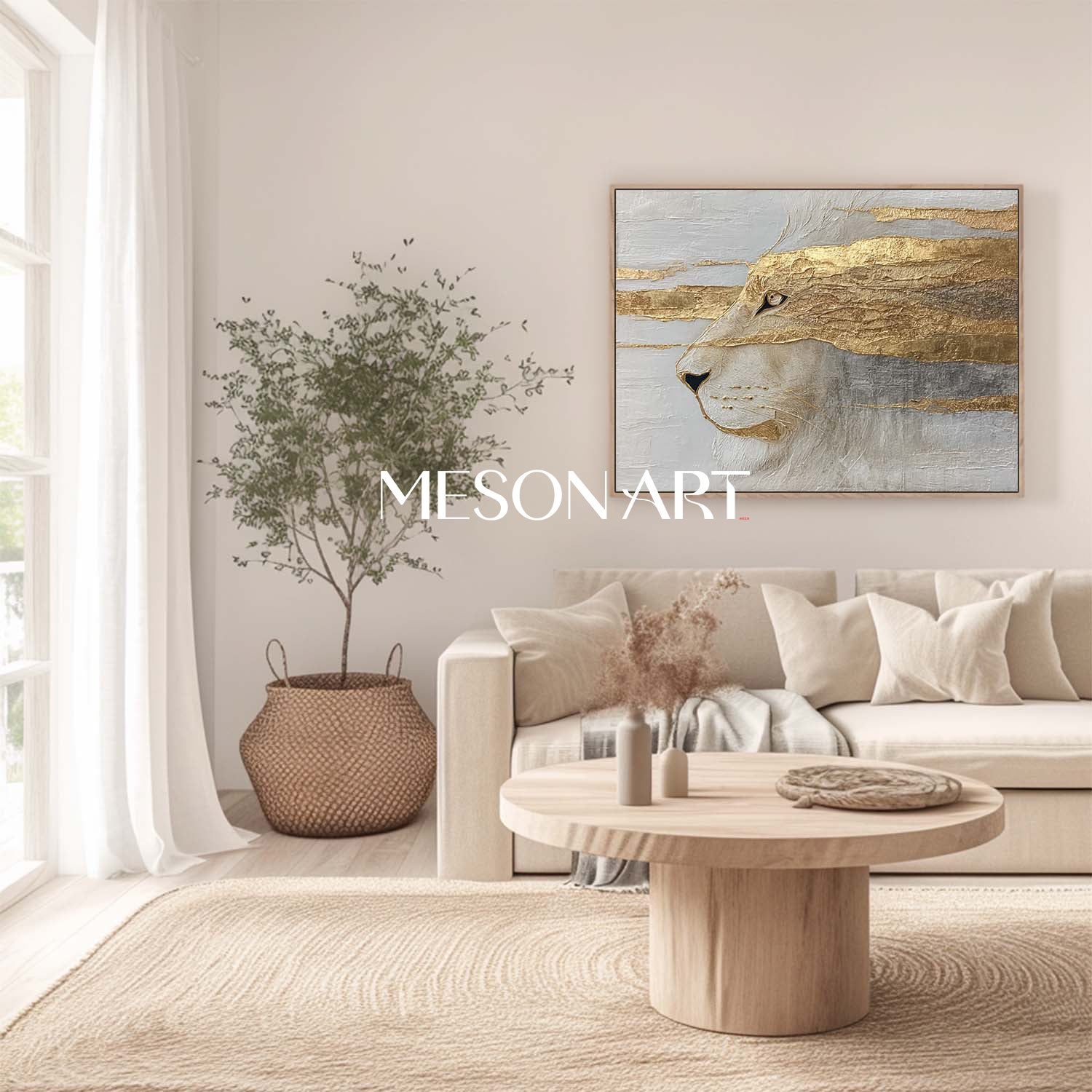 Golden Lion Abstract Painting Textured Animal Canvas Wall Art for Living Room