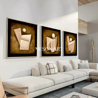 Brown Abstract Geometric Triptych Oil Painting Canvas Living Room Buy