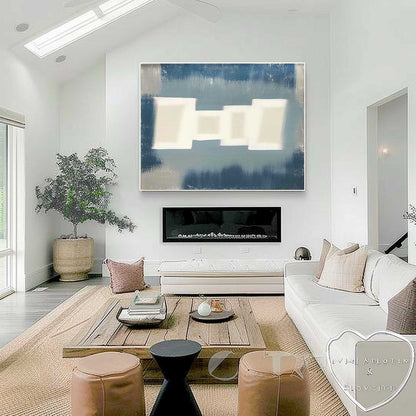 Large White and Blue Abstract Art Modern White and Blue Abstract Canvas Wall Decor Hanging Painting