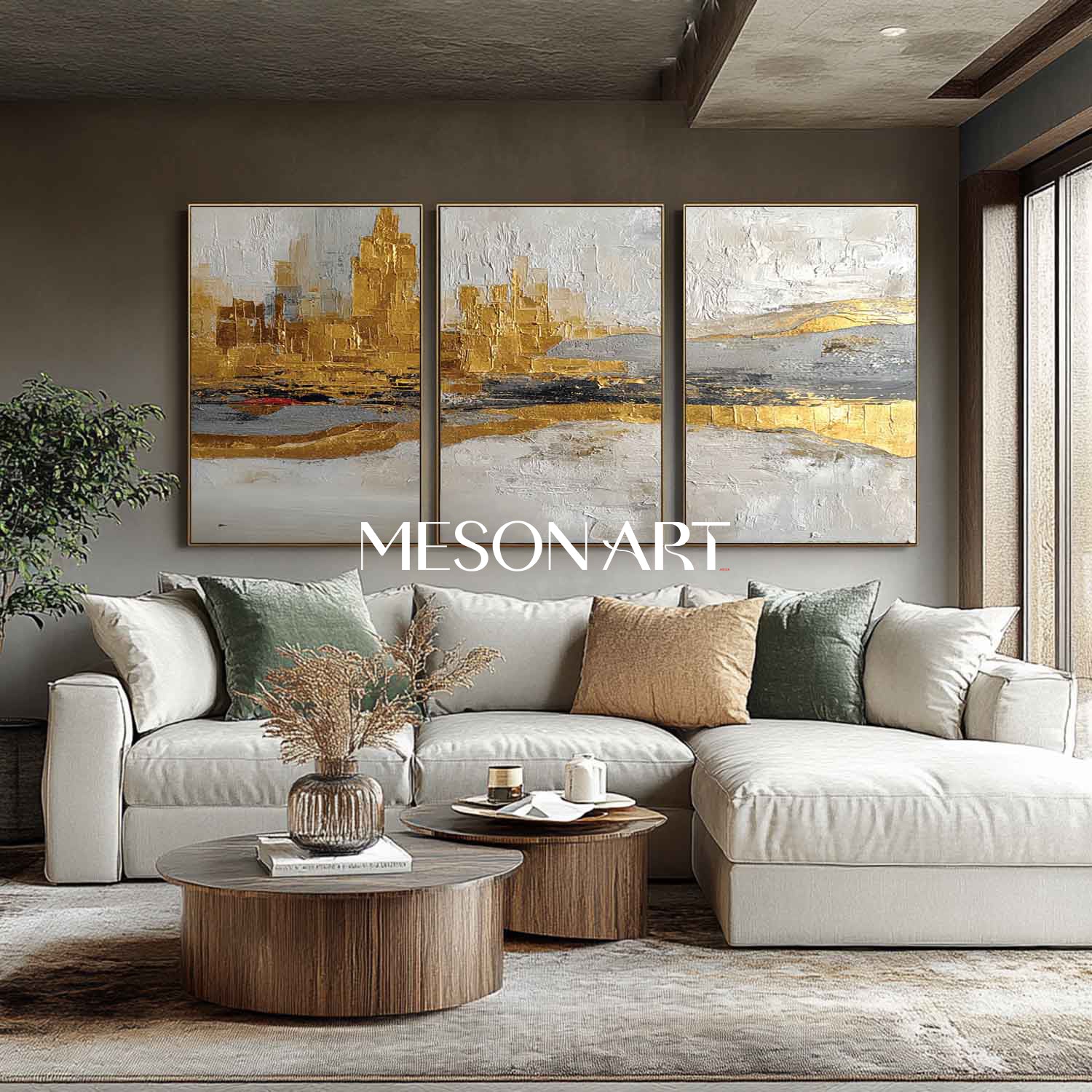 Modern Luxurious Abstract Canvas Wall Art Set Textured Gray and Golden Poainting