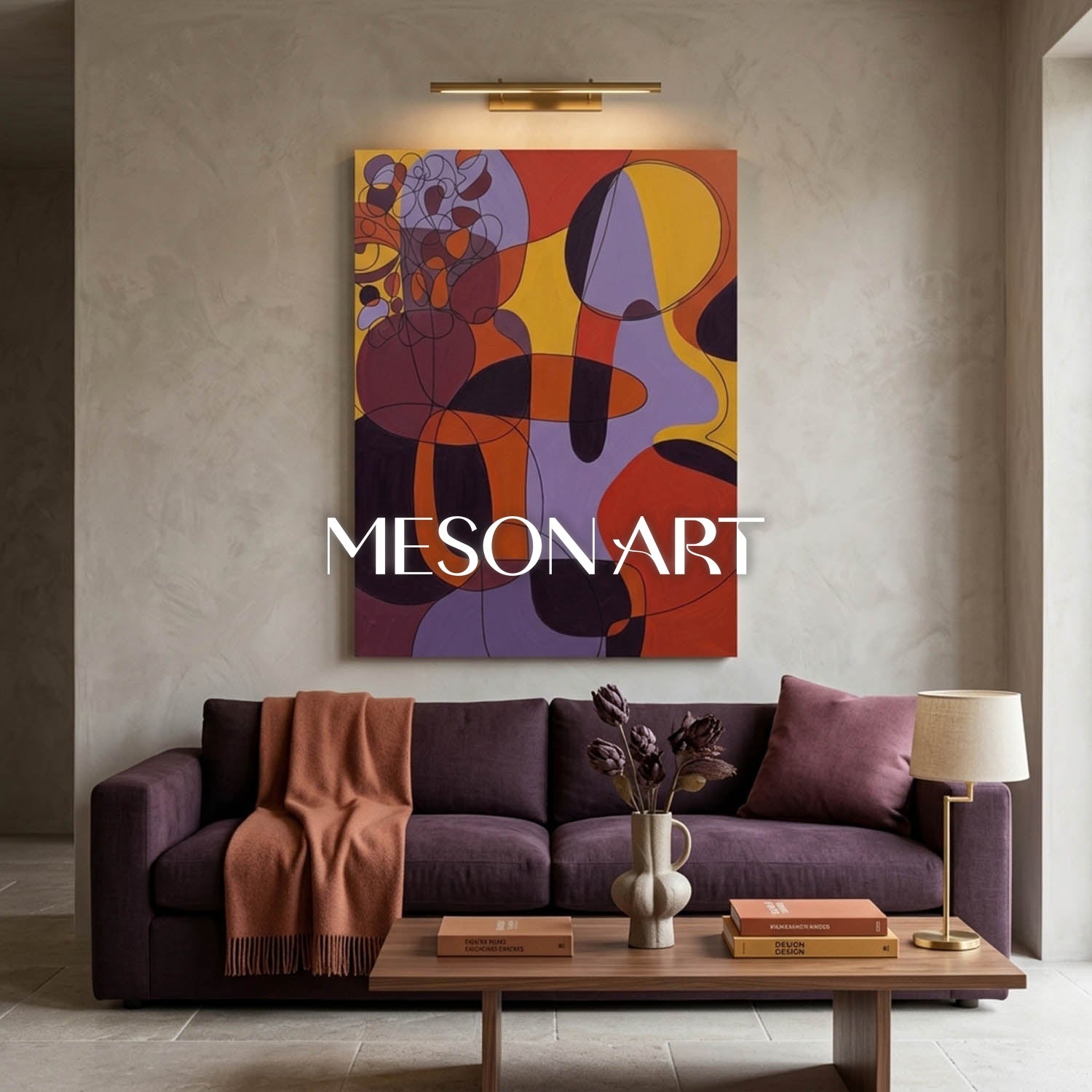 Contemporary Abstract Art With Orange And Purple For Modern Living Room Decor