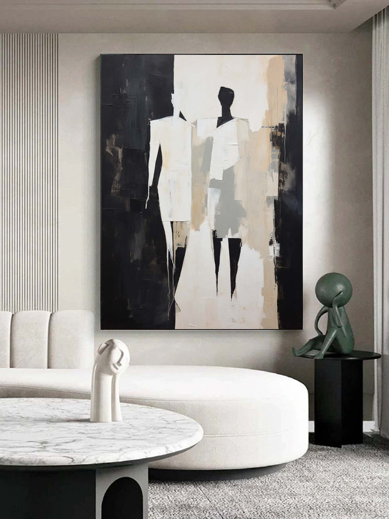 Black and Beige Minimalist Art Black and Beige Textured Abstract Art Beige Minimalist Wall Art Contemporary Abstract People Canvas Painting