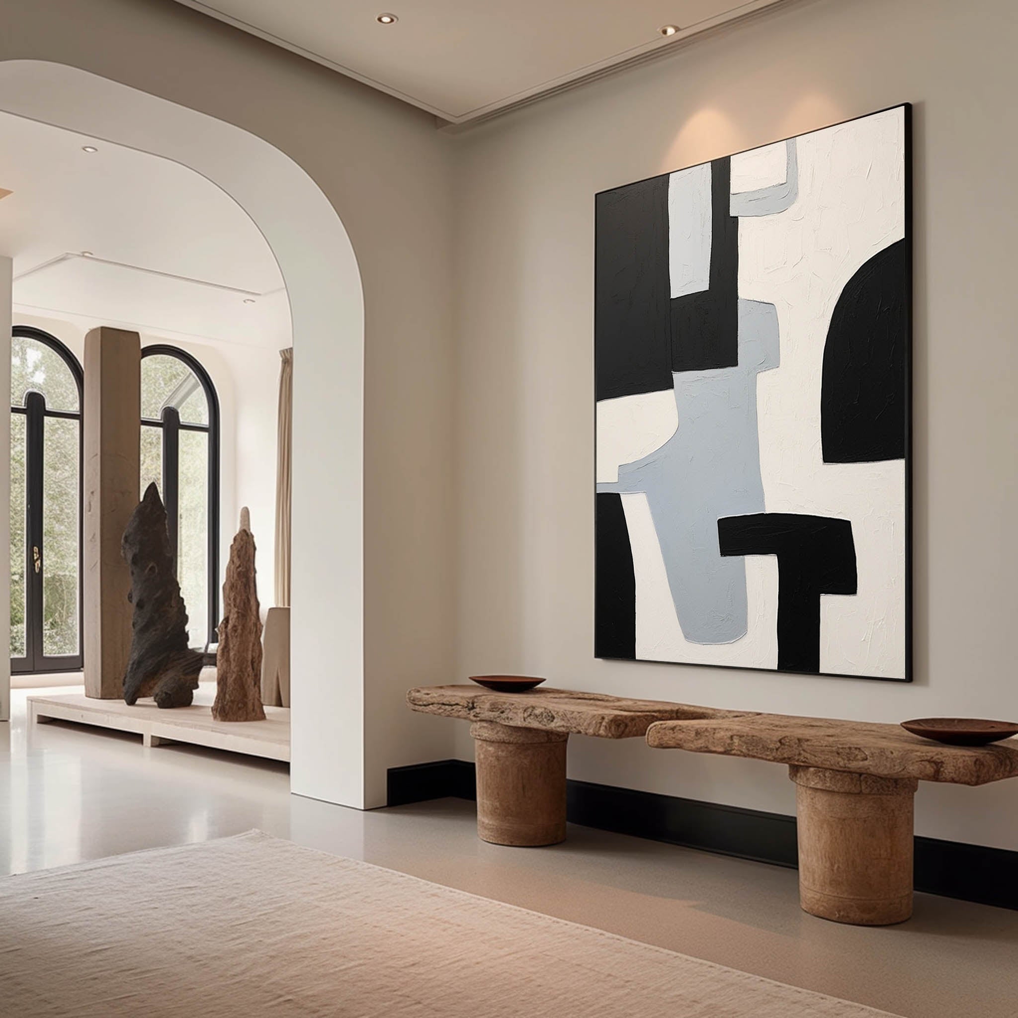 Large Black and White Minimalist Wall Art Black and White Texture Abstract Art Modern Oil Painting