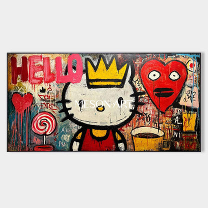 Red Pop Art Graffiti Cat Oil Painting Handmade Wall Art Decor Bedroom