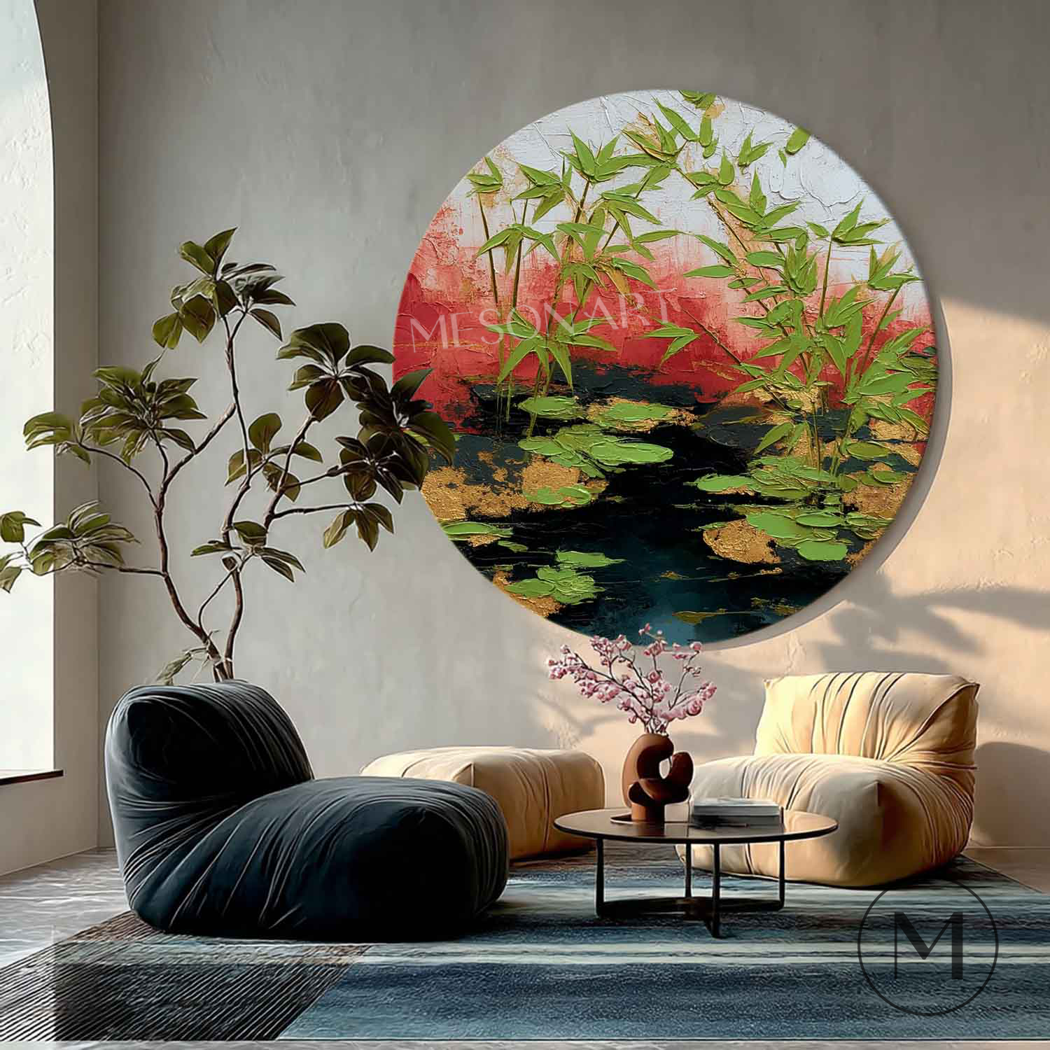 Wabi-Sabi Bamboo & Pond Wall Art Modern Bamboo Zen Wall Art Hand-Painted Round Textured Landscape
