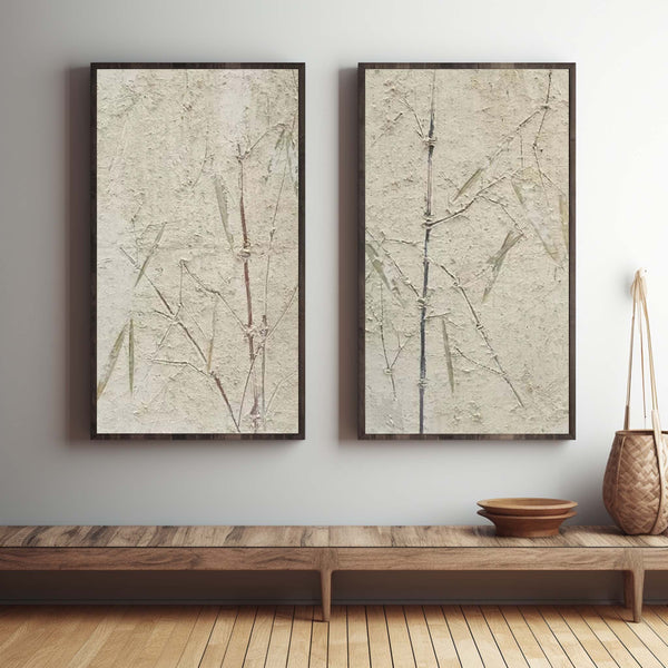 Beige and Green Bamboo Texture Painting Set of 2 Bamboo Minimalist Canvas Wall Art Wabi Sabi Art